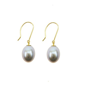 Gold drop earrings with silvery-grey oval pearls on shepherd's hooks against a white background.