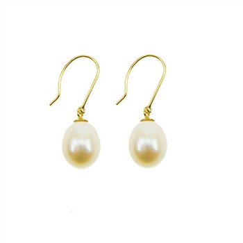 Gold hook earrings with oval white pearls, classic drop design, lustrous sheen.