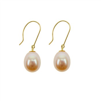 Pink pearl drop earrings with gold hooks on a white background; elegant and classic design.