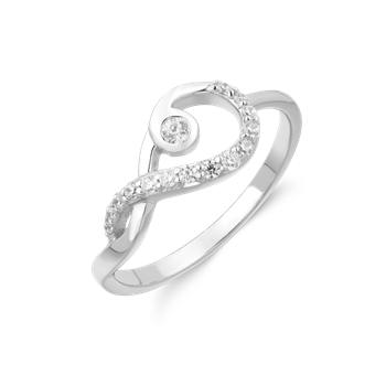 Silver ring with a central circle, curving band, and sparkling stones on one side from Støvring Design.