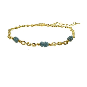 Gold chain bracelet with three blue-green stones, reflective links, and adjustable hook clasp.