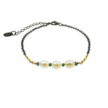 Bracelet & Necklace 925/585 -Oxidised w.Pearls & Blue Diamonds 16+4cm from San - Links of Joy