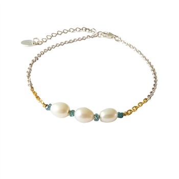Bracelet & Necklace 925/585 - Rhodium w.Pearls & Blue Diamonds 18+4cm from San - Links of Joy