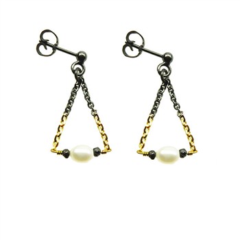 Earrings 925/585 - Oxidised w.Pearls & Black Diamonds Pr.par from San - Links of Joy