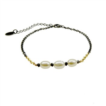 Bracelet & Necklace 925/585 - Oxidised w.Pearls & Black Diamonds 42+8cm from San - Links of Joy