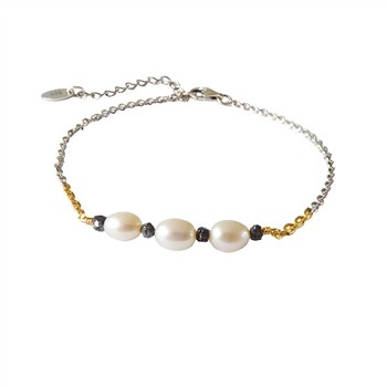 Bracelet & Necklace 925/585 -Rhodium w. Pearls & Black Diamonds 16+4cm from San - Links of Joy