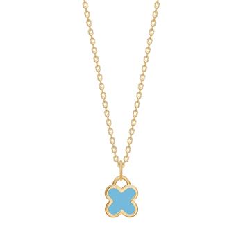 Gold chain necklace with a four-leaf clover pendant; blue center, gold outline.