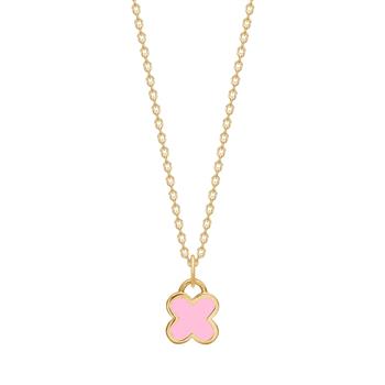 Flower-shaped pendant with pink center on a gold chain, simple and child-friendly design.
