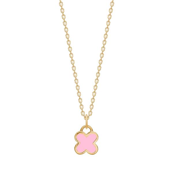 Flower-shaped pendant with pink center on a gold chain, simple and child-friendly design.