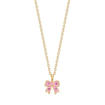 Gold chain with a pink bow-shaped pendant adorned with small accents, suitable for children.