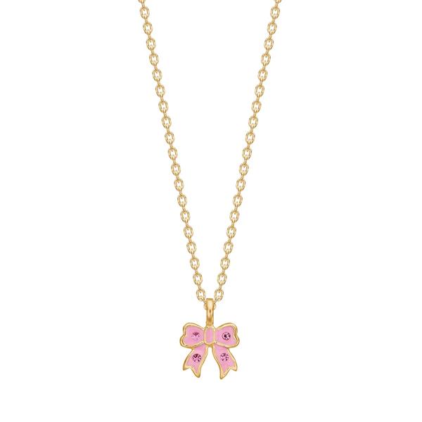 Gold chain with a pink bow-shaped pendant adorned with small accents, suitable for children.