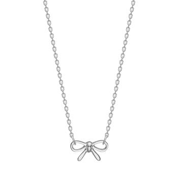 Silver necklace with a central bow-shaped pendant featuring symmetrical loops and tails.