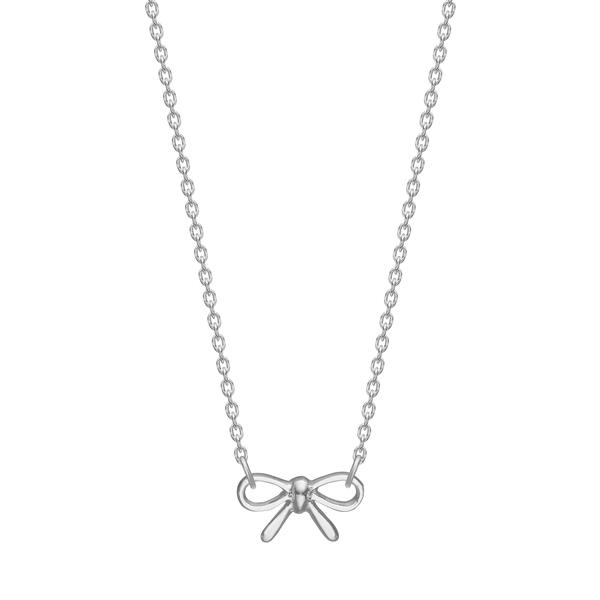Silver necklace with a central bow-shaped pendant featuring symmetrical loops and tails.