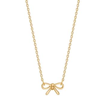 Gold-colored necklace with a bow-shaped pendant and a fine, linked chain.