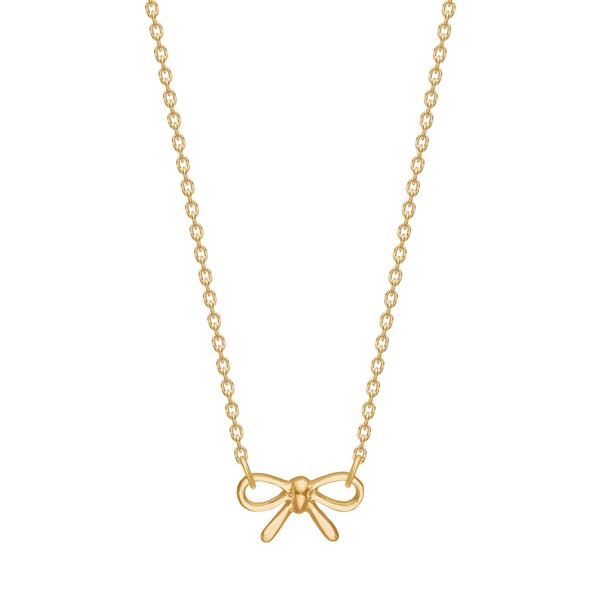 Gold-colored necklace with a bow-shaped pendant and a fine, linked chain.