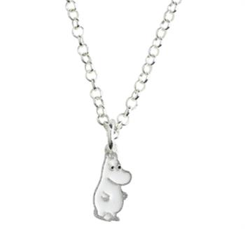 Silver necklace with a white Moomin-shaped pendant and interlocking circular chain links.