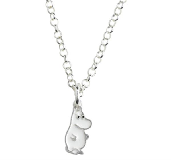 Silver necklace with a white Moomin-shaped pendant and interlocking circular chain links.