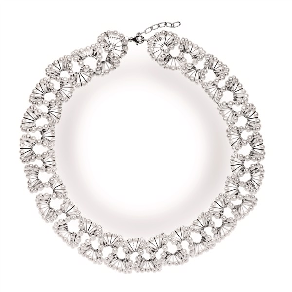 Sterling silver necklace with circular pearl motifs and metal elements, featuring a top clasp.