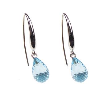 Earrings with teardrop-shaped blue topaz, faceted for brilliance, hanging from rhodium-plated hook.