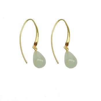 Earrings with gold-plated hook and teardrop-shaped light green aquamarine stone.