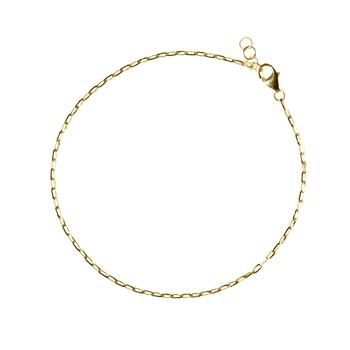 Fine chain bracelet with elongated links, lobster clasp, and two adjustment rings on white background.
