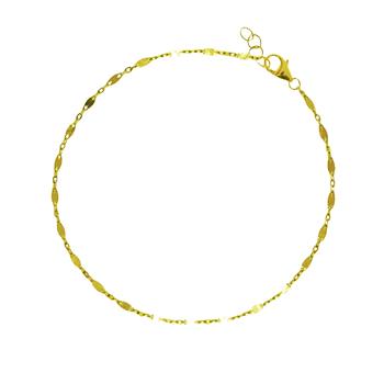 Gold chain with oval links, clasp closure, and adjustment rings, arranged in a circle on white.