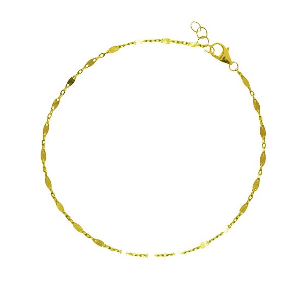 Gold chain with elongated links, clasp closure, and extension for adjustable length.