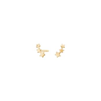 Gold earrings with star shapes in a curved line, featuring posts for attachment.