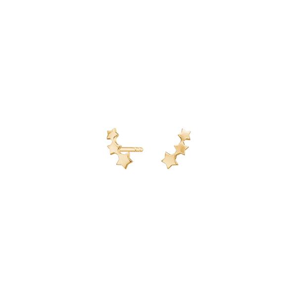 Gold earrings with star shapes in a curved line, featuring posts for attachment.