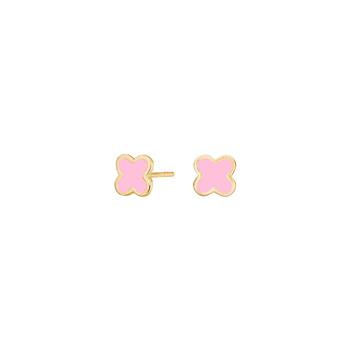 Gold-outlined, flower-shaped earrings with pink centers, designed symmetrically for a pair.