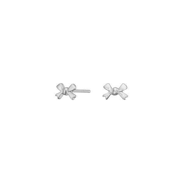 Silver bow-shaped earrings with posts, designed as small bows, from Noa Kids.