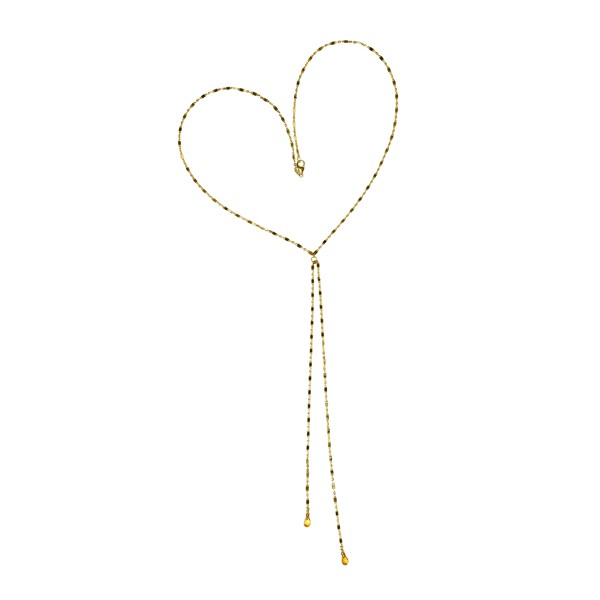 Y-shaped 9kt necklace with Citrine in heart shape, segmented chain, two decorative drop ends.