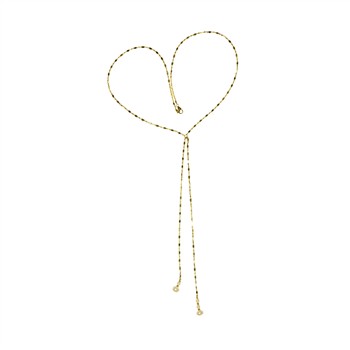 Gold chain necklace in heart shape, two hanging strands with pearls, on white background.