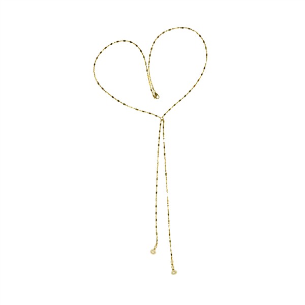 Heart-shaped necklace with textured chain, asymmetrical strands, and beads at ends.