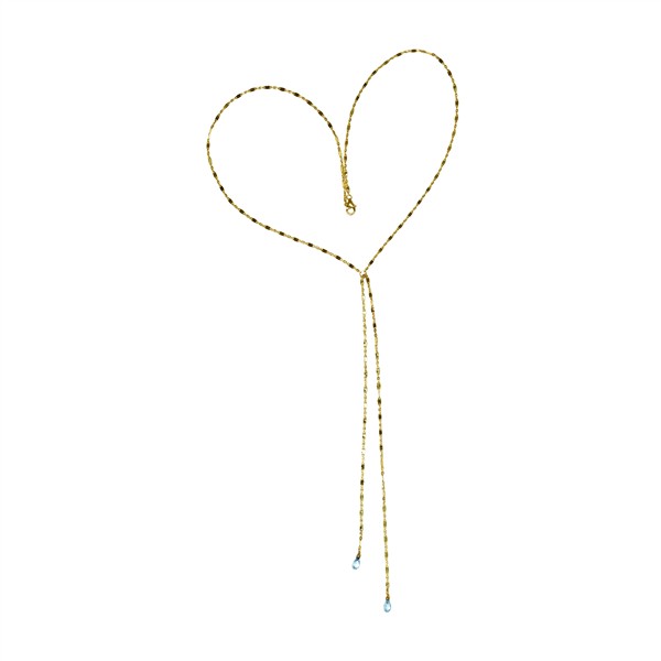 Gold chain necklace in heart shape with two blue stones on ends, styled on white background.