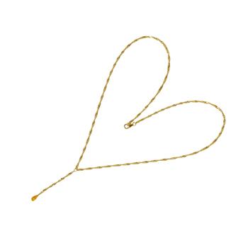 14kt gold necklace in heart shape, twisted chain, clasp, citrin stone on white background.