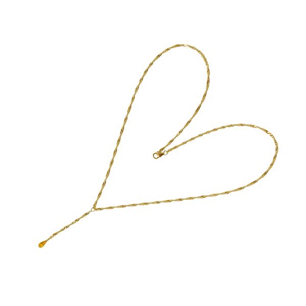 14kt gold necklace in heart shape, twisted chain, clasp, citrin stone on white background.