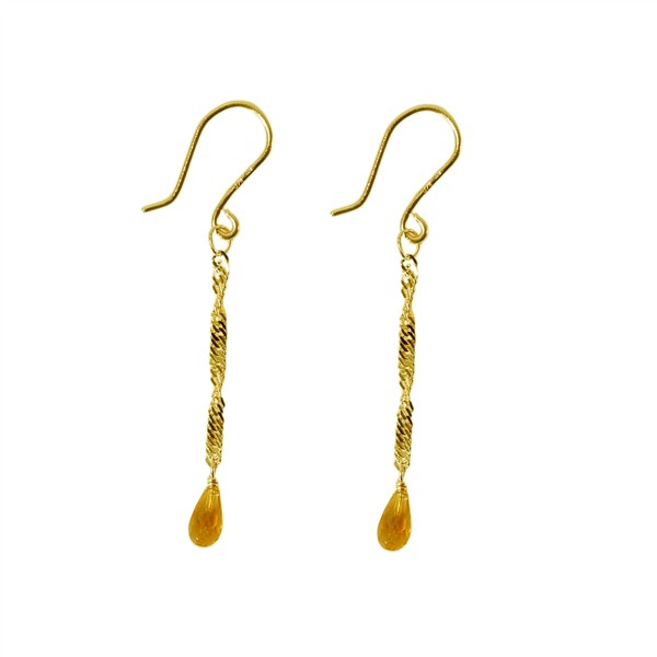 Gold earrings with twisted wire and teardrop citrine gems, featuring shepherd\'s hook ear wires.