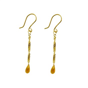 Gold dangle earrings with twisted metal, teardrop citrine stones, and shepherd's hooks.