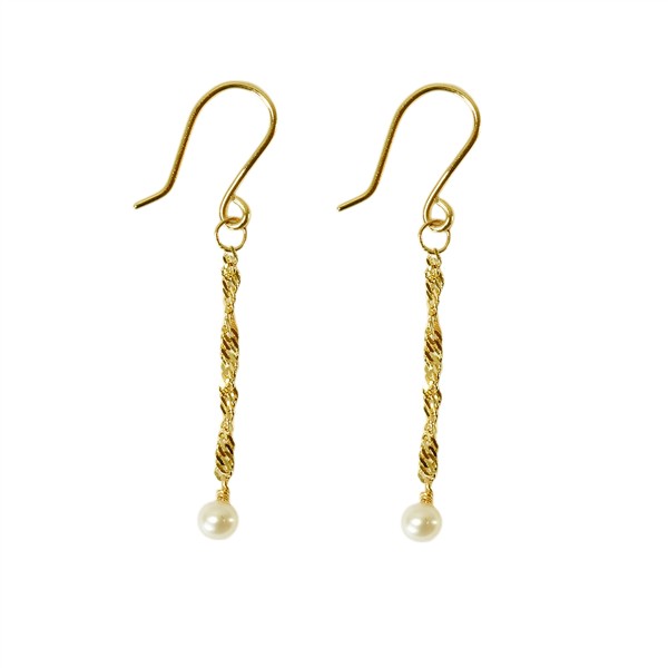 Gold earrings with twisted chains and pearl drops on a white background.