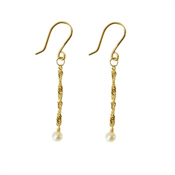 Gold earrings with twisted chains and round freshwater pearls, featuring hook-style ear wires.