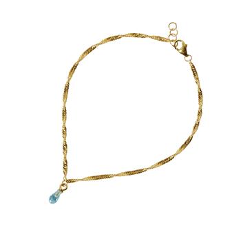 Twisted gold bracelet with blue topaz drop, adjustable clasp with extension rings.