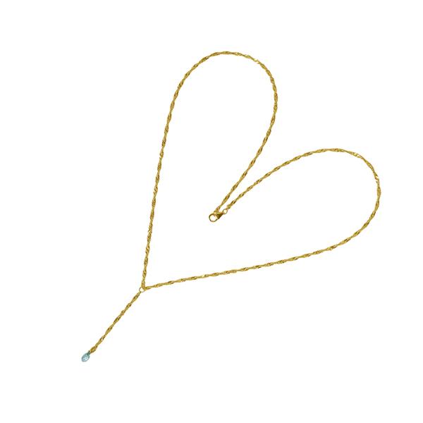 Gold twisted chain necklace in heart shape, light blue stone pendant, clasp closure.