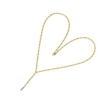 Gold braided necklace in heart shape with blue stone pendant and clasp on white background.