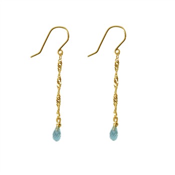 Gold dangle earrings with twisted chain and blue teardrop stones, featuring shepherd's hook wires.
