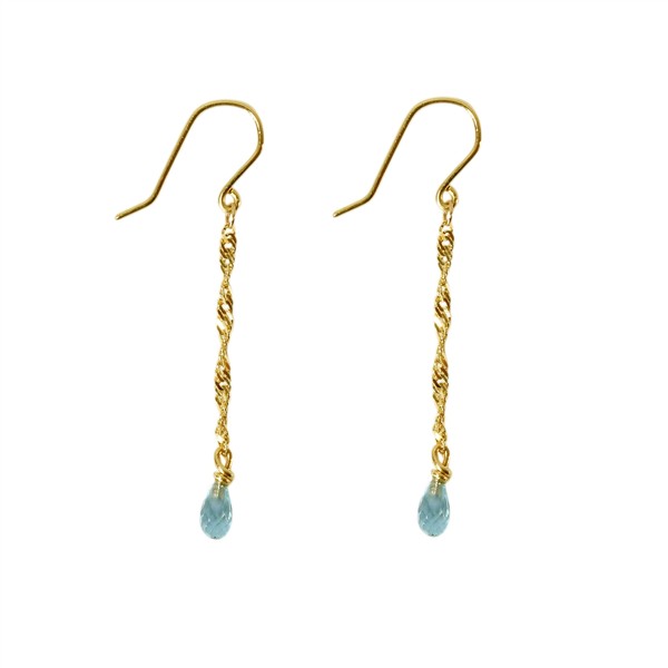 Gold dangle earrings with twisted chain and blue teardrop stones, featuring shepherd\'s hook wires.