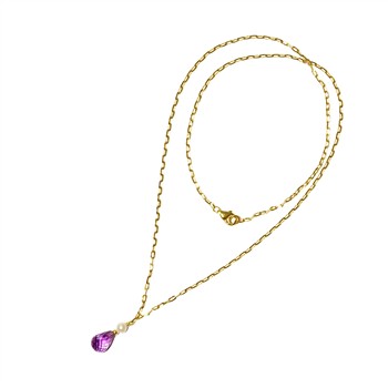 Gold chain necklace with purple teardrop pendant and white pearl accent.