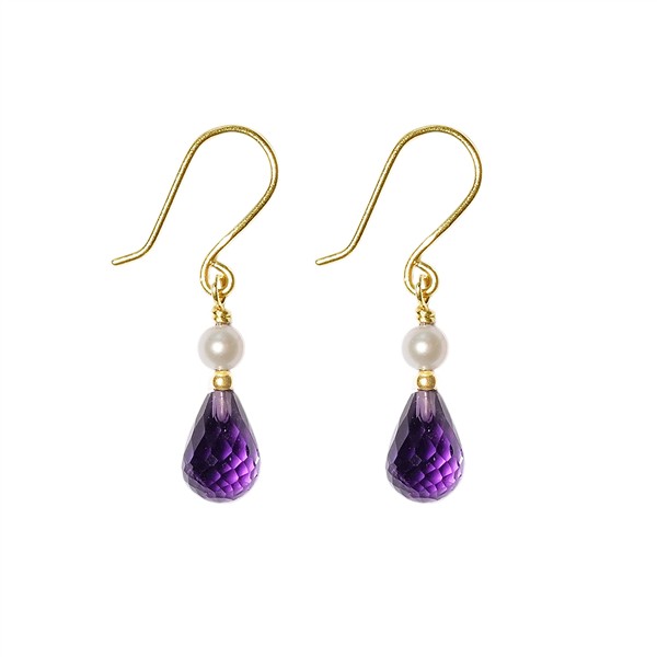 Gold hook earrings with white pearls and purple teardrop stones.