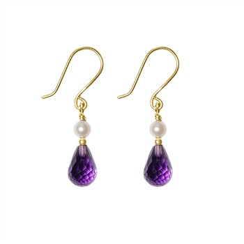Gold earrings with freshwater pearls and purple amethyst teardrops on French wire hooks.