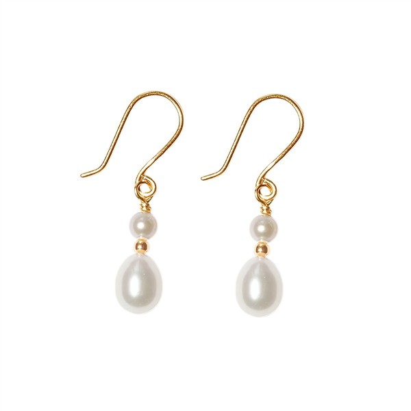 Gold hook earrings with small round and larger teardrop pearls, linked by gold components.